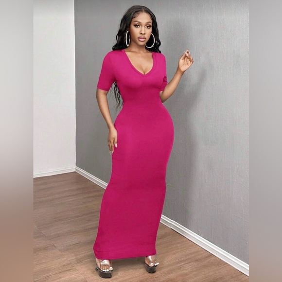 Dresses & Skirts - •The V-Spot• Hot Pink Bodycon Maxi Dress | Sexy Curve Hugging V Neck Glam Dress